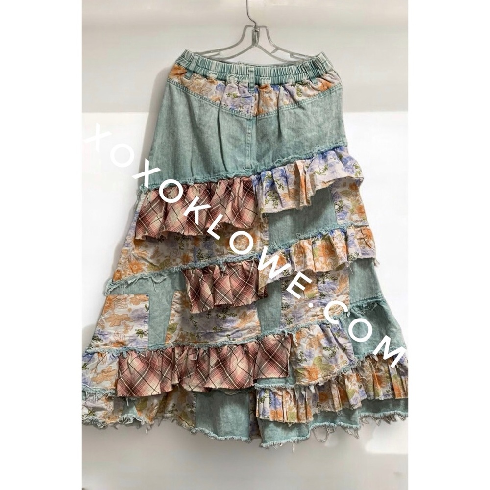 Oli & Hali Floral + Plaid Patchwork Ruffled Denim Maxi - Picture 7 of 11